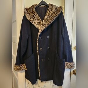 Womens Warm Winter Coat Black with Leopard Fur and Hood Size XXL